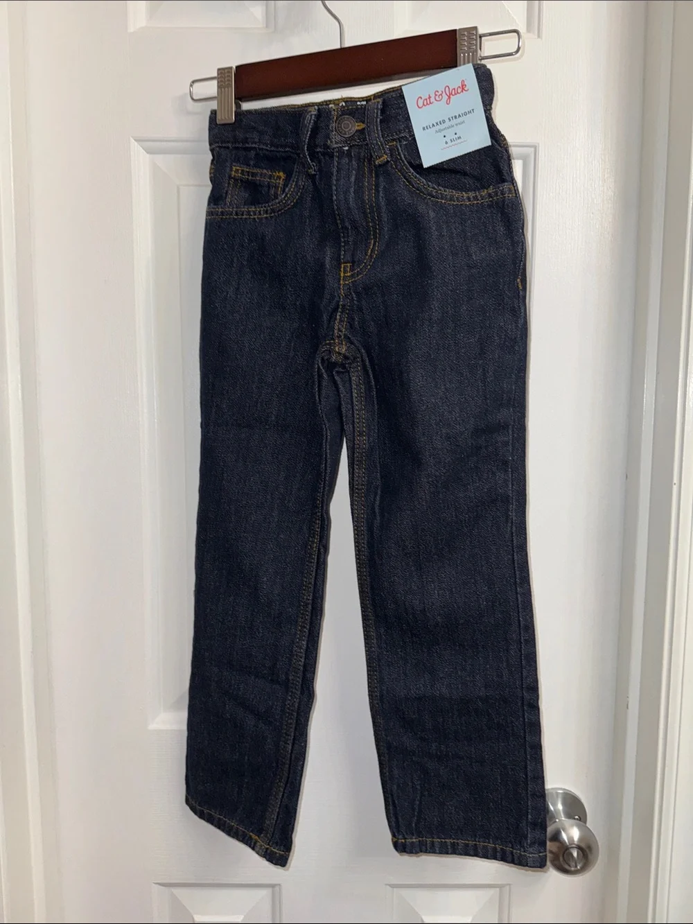 Cat & Jack Kids Relaxed Straight-Leg Blue Jeans, Adjustable Waist Size 6 Slim